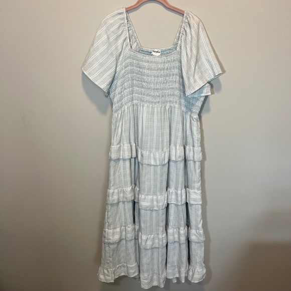 ARULA Dresses & Skirts - Arula Blue White Striped Smocked Tiered Midi Dress Short Sleeve Plus A 14/16